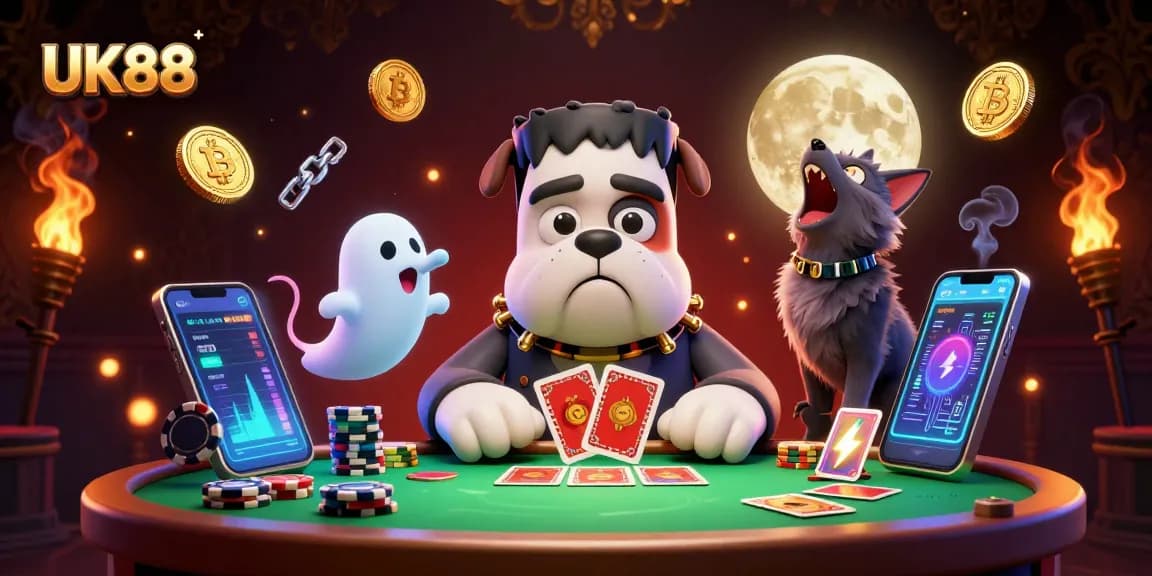 UK88 interactive gaming scene with a Frankenstein bulldog, ghost mouse, and werewolf kitten.