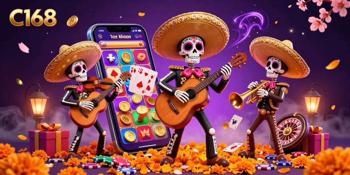 C168 captivates players with a vibrant 3D illustration of a lively mariachi band amidst a colorful slot gaming scene.