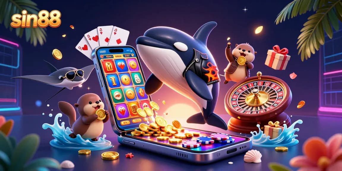 Experience thrilling wins at sin88 with an orca, stingray, and sea otters amid vibrant slot games and coins.