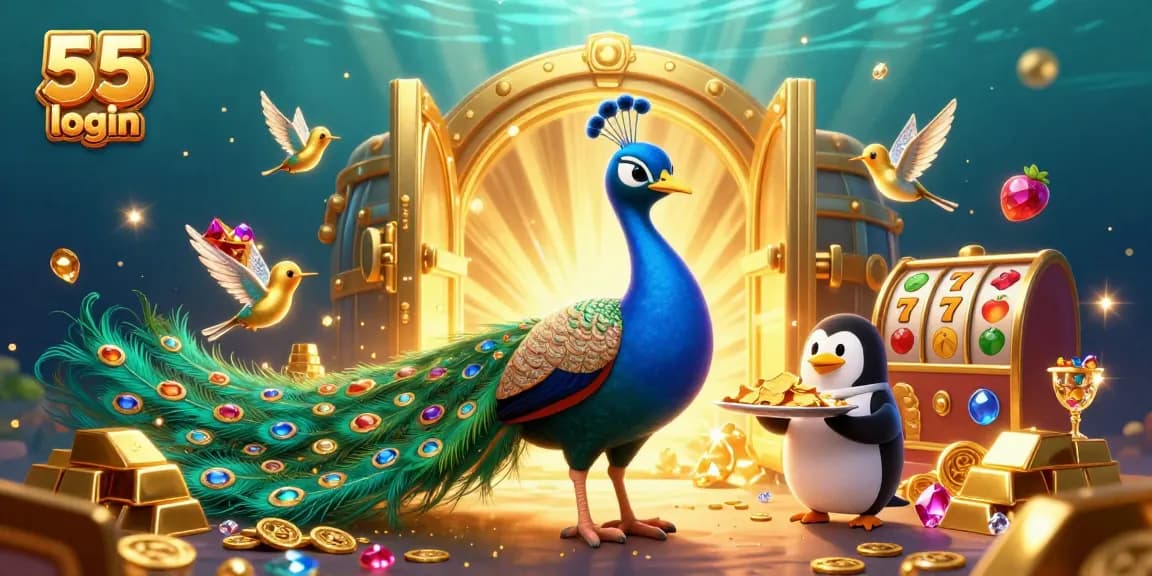 Experience the thrill of 55 club login with a vibrant 3D illustration showcasing slot reels and golden treasures.