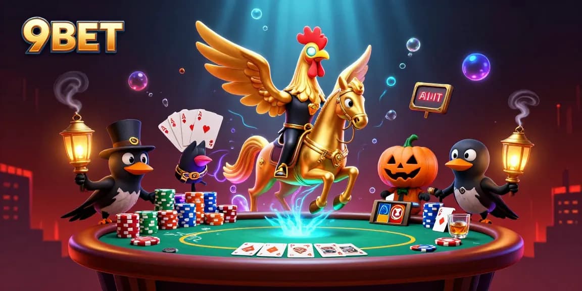 9BET offers a thrilling poker experience with vibrant casino elements and energetic characters.