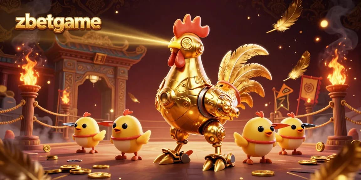 Experience zbetgame with a vibrant 3D illustration of a golden rooster robot and baby chick drones in an exciting casino scene.