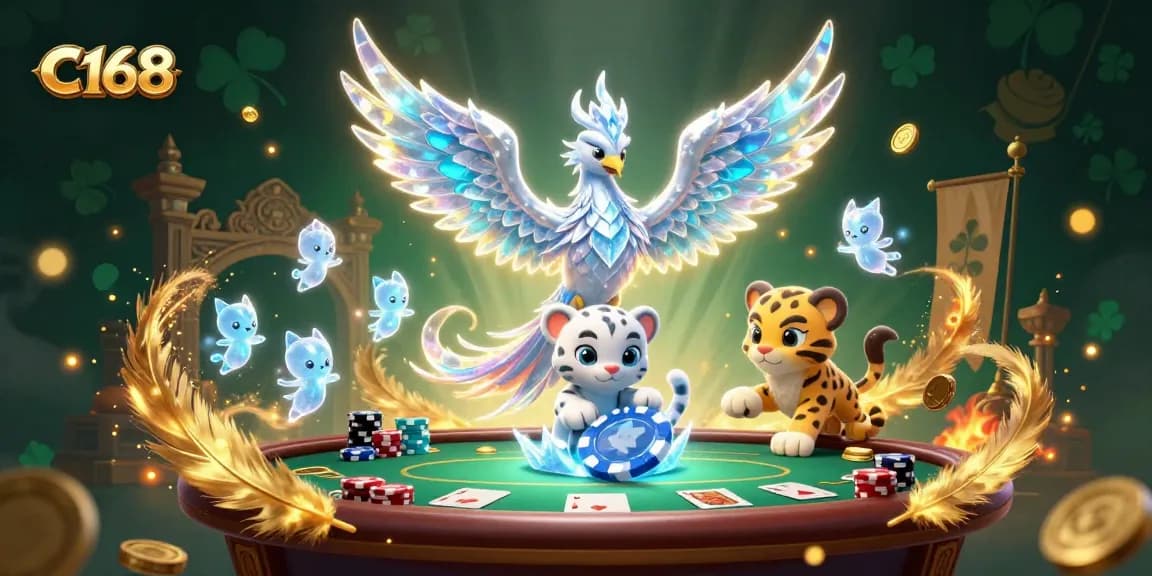 C168 engages players with a vibrant illustration of an ice phoenix and poker elements in a dynamic casino scene.