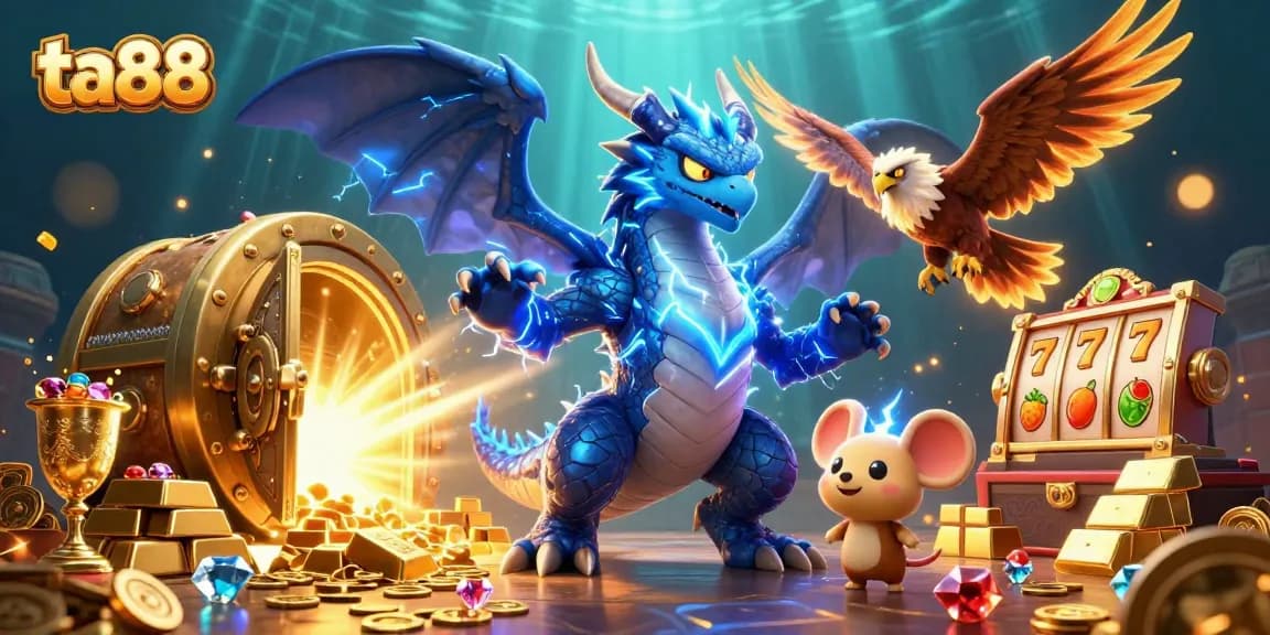 Experience the excitement of ta88 with a vibrant 3D casino scene filled with riches and gaming symbols.