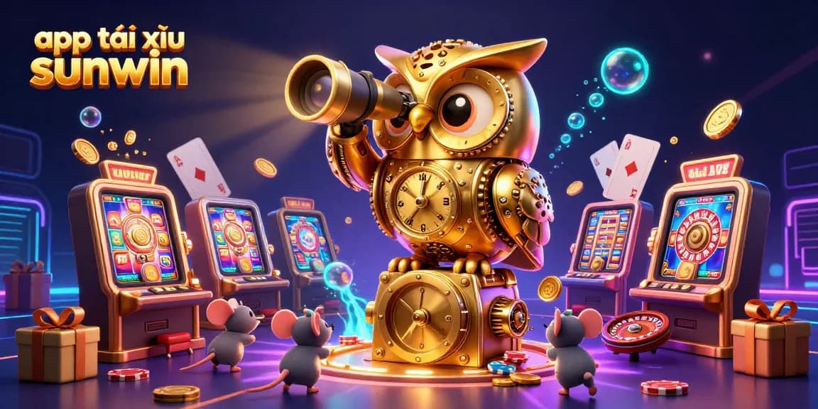 Engage in exciting gameplay with app tài xỉu sunwin, showcased by a whimsical golden owl and vibrant slot machines.
