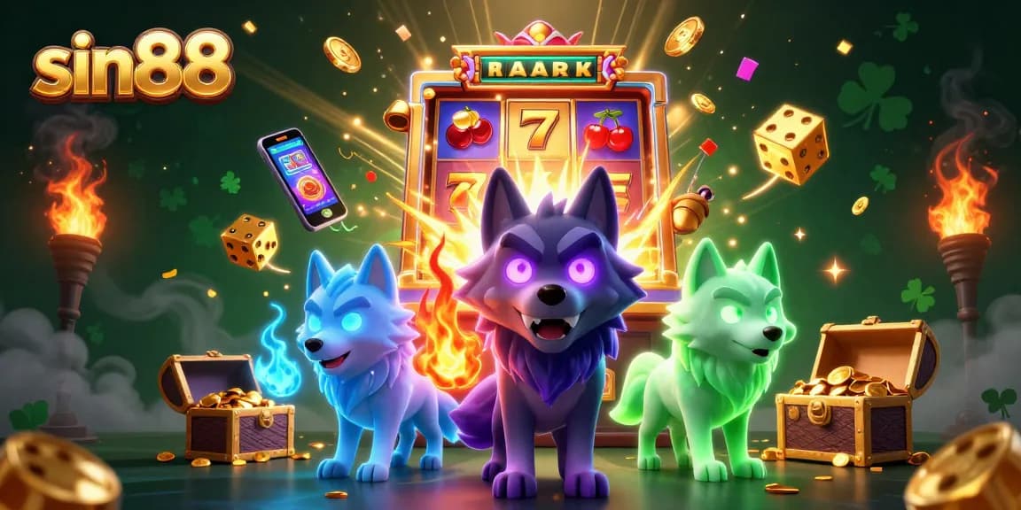 Engage with sin88 online gaming excitement through a vibrant, detailed casino illustration featuring wolves and jackpots.