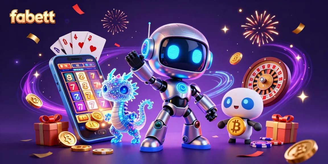Experience thrilling slot games with fabett, illustrated by vibrant robots and digital surprises.