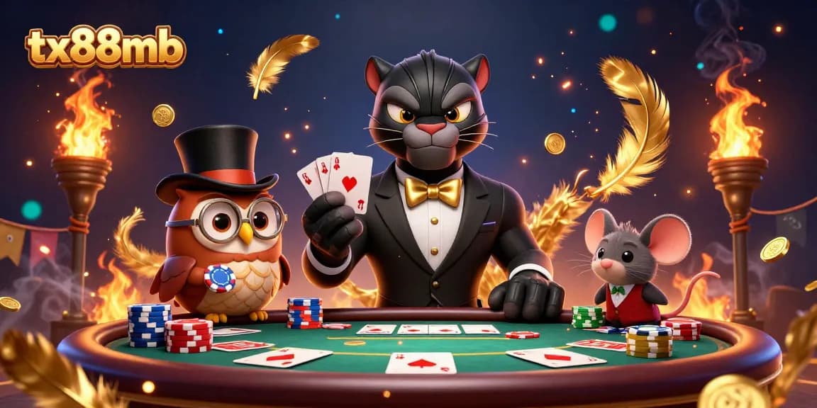 Engage with tx88mb at a lively poker table featuring an elegant panther dealer and charming characters.