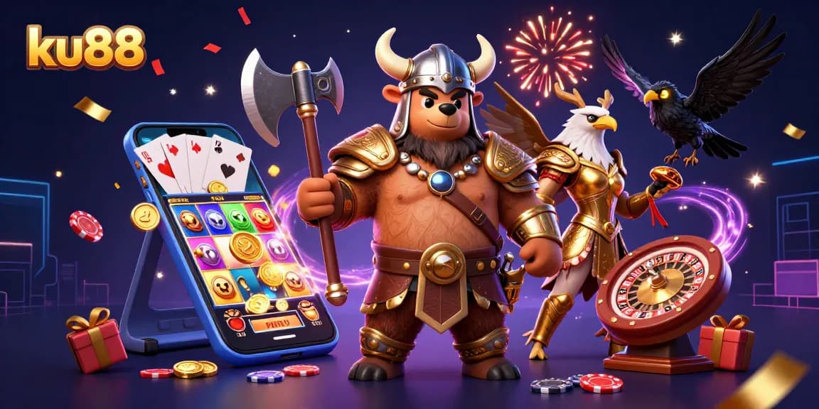 Join the excitement at ku88 with this vibrant 3D illustration of casino gaming elements and characters.