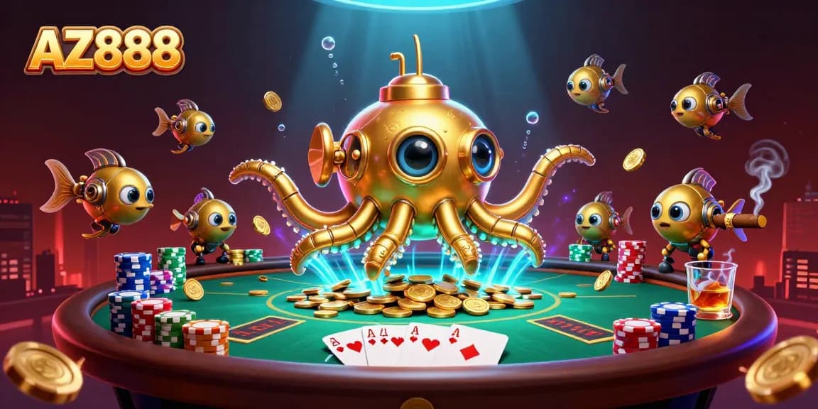 Experience high-stakes poker with AZ888's vibrant gaming scene featuring a mechanical kraken and poker elements.