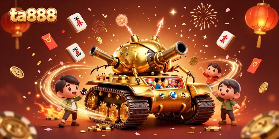 Experience ta888's vibrant casino world inside a golden beetle tank, with festive elements around.