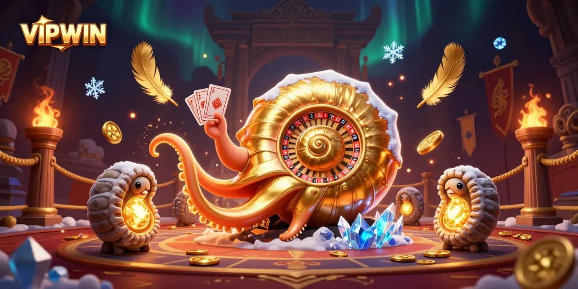 VIPWIN roulette scene with ancient nautilus character and glowing ammonite companions engaging in a vibrant casino setting