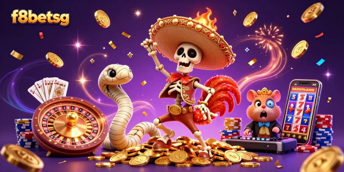 Celebrate wins at f8betsg with vibrant 3D illustration featuring casino icons and animated characters.