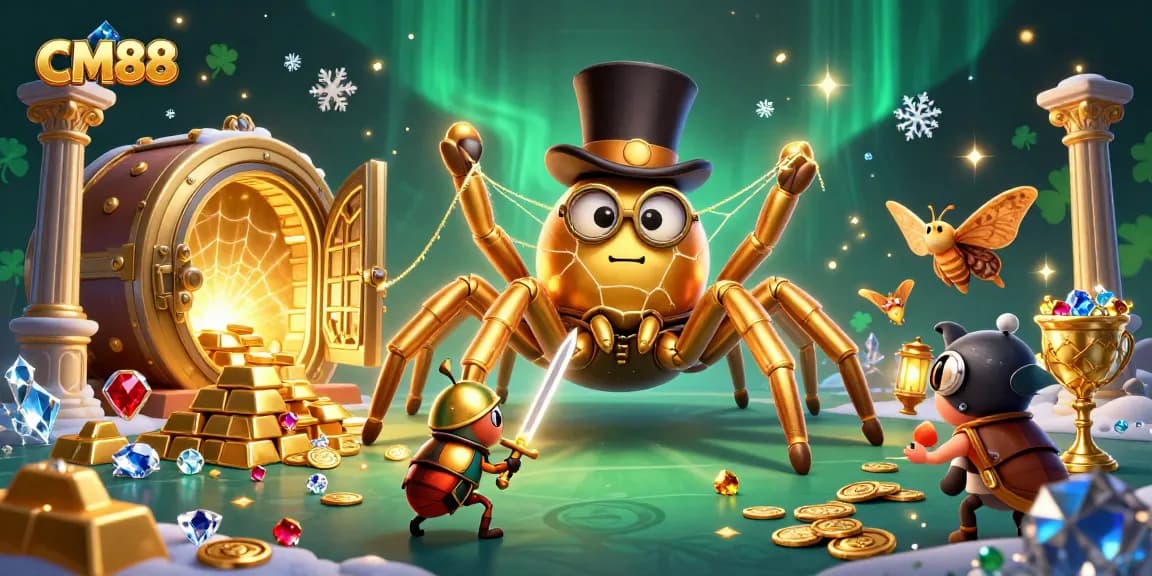 Join the excitement at CM88, featuring a golden tarantula weaving a web of fortune in a vibrant casino!
