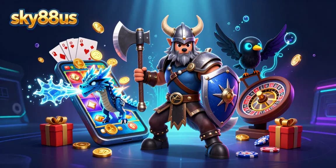 Engage in epic battles with sky88us featuring a Viking warrior, dragon, and rich gaming elements.