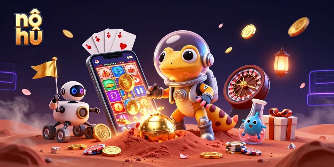 Experience nổ hũ excitement as the Martian gecko discovers a golden casino surrounded by vivid gaming elements.