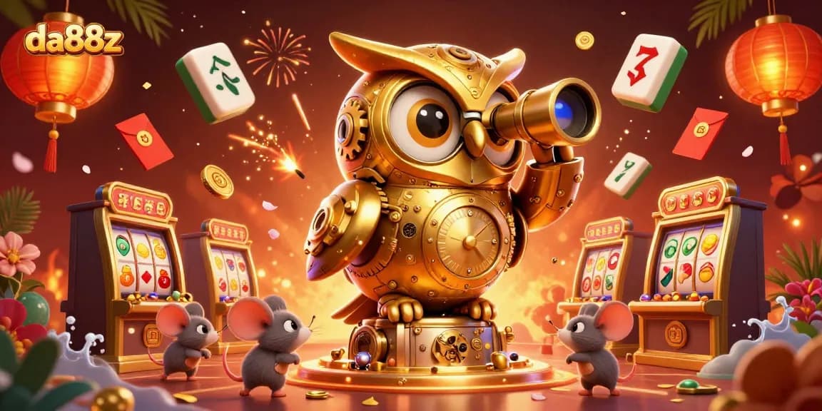 Engage with da88z as the golden owl surveys a thrilling casino filled with vibrant slot game action.