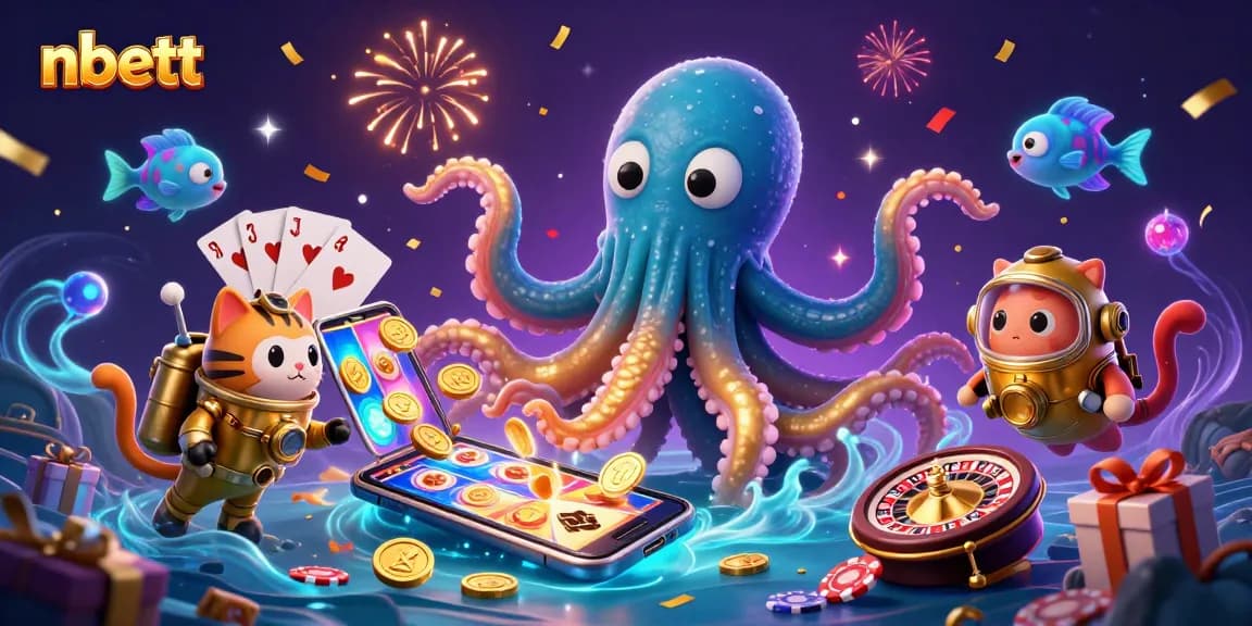Experience thrilling slot games with nbett's vibrant 3D illustration featuring a kraken, diving cat, and festive casino elements.