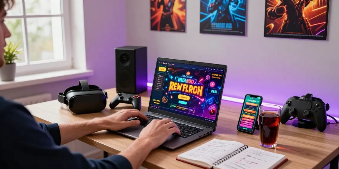 Scena coinvolgente di un giocatore che si diverte a giocare nei migliori casino online con un setup colorato e dispositivi di gioco.