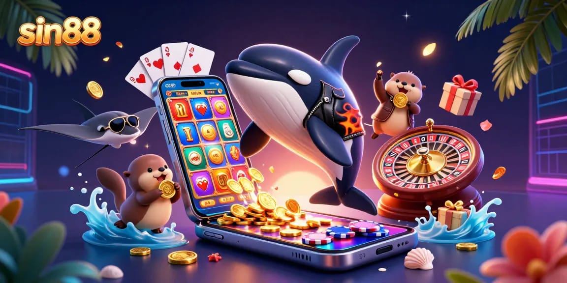 Experience thrilling wins at sin88 with an orca, stingray, and sea otters amid vibrant slot games and coins.