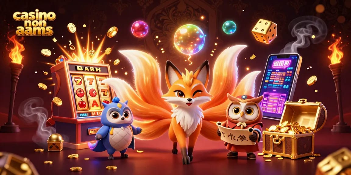 Vivi un divertimento vibrante in un casino non aams con uno spirito di volpe a nove code luminoso e una scena di vincita al jackpot.