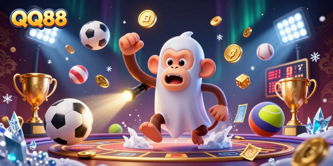 Experience QQ88's lively casino scene with a poltergeist monkey and a ghost-hunter puppy.