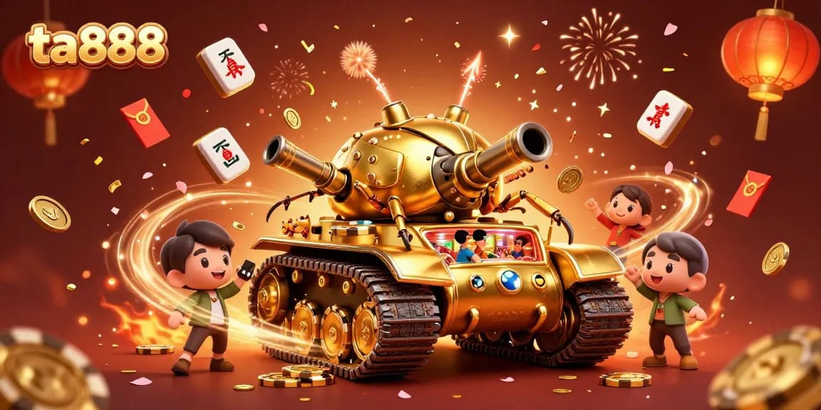 Experience ta888's vibrant casino world inside a golden beetle tank, with festive elements around.