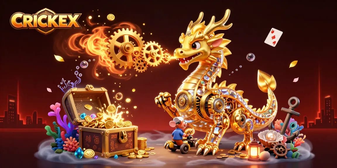 Experience dynamic gaming with CRICKEX's vibrant casino themed illustration showcasing a golden dragon and exciting game elements.