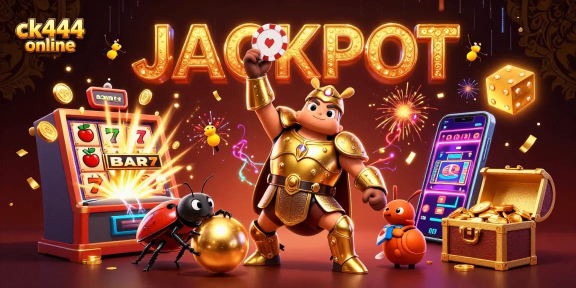 Ck444 online gamers celebrate with a cartoon beetle winning a jackpot in an exciting casino scene filled with vibrant elements.