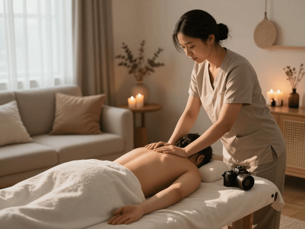 안산출장안마 with a professional therapist preparing massage oils in a cozy home setting, creating a serene environment.