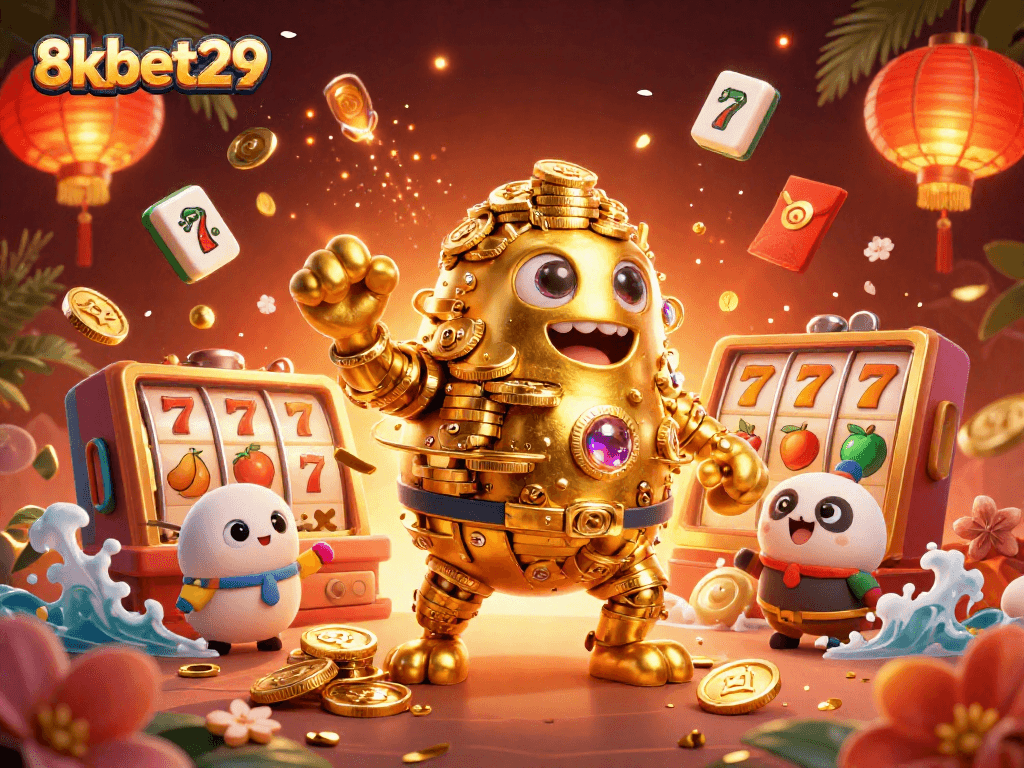 Experience the thrill of 8kbet29 with a vibrant casino scene featuring golden golems, slot reels, and festive elements.
