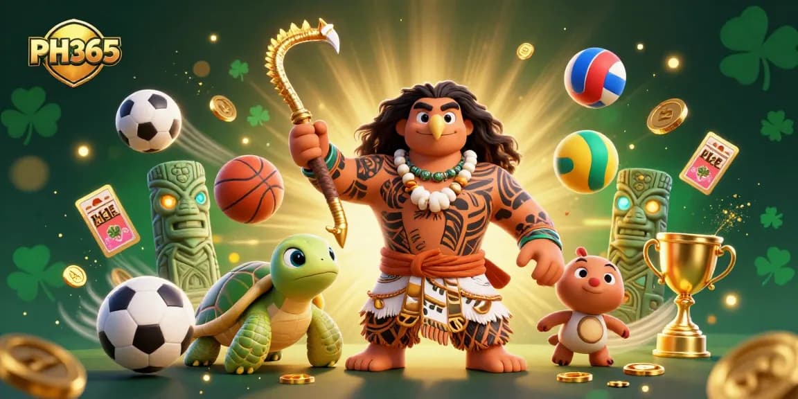 PH365 showcases an energetic 3D scene featuring a cartoon demigod hawk, sports elements, and glowing tiki statues.