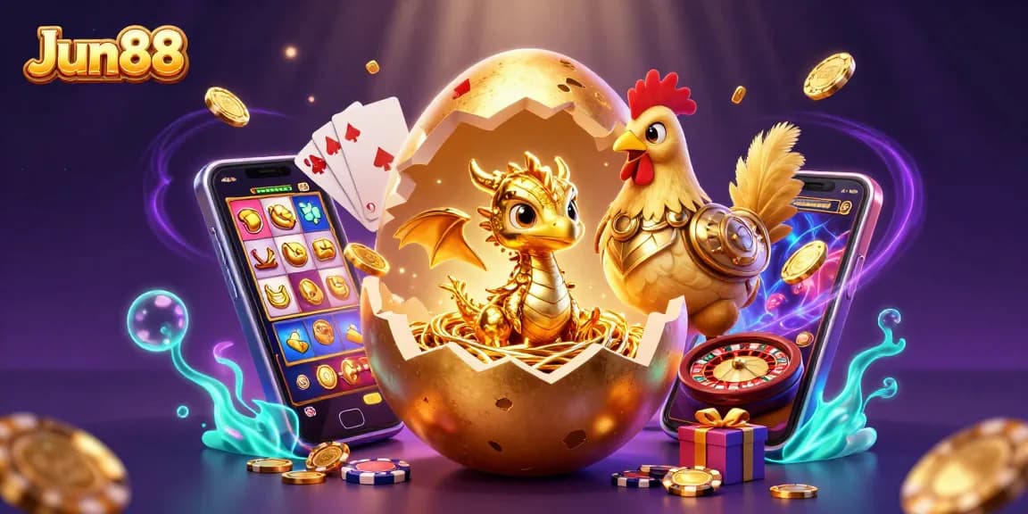 Jun88 players win big with a golden dragon and poker chips in an exciting casino scene.