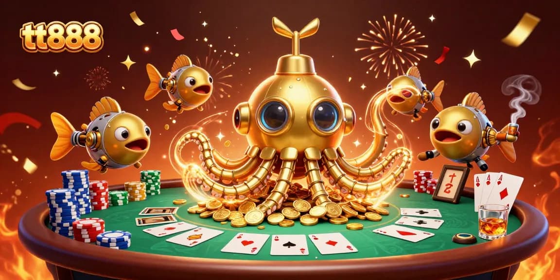 Experience thrilling poker action with tt888's golden kraken submarine illustration amidst sparkling chips.