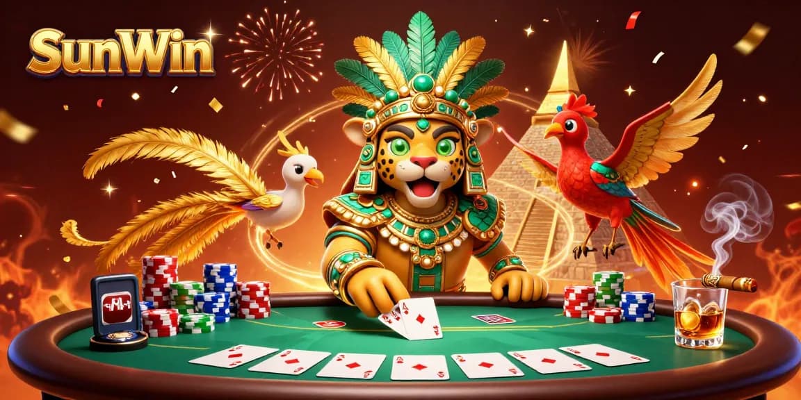 Players enjoy thrilling action at SunWin's vibrant casino with poker chips and cards.