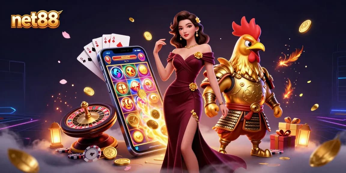 Win big with net88 at an extravagant casino, featuring games and vibrant visuals.