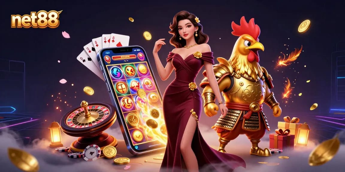 Win big with net88 at an extravagant casino, featuring games and vibrant visuals.