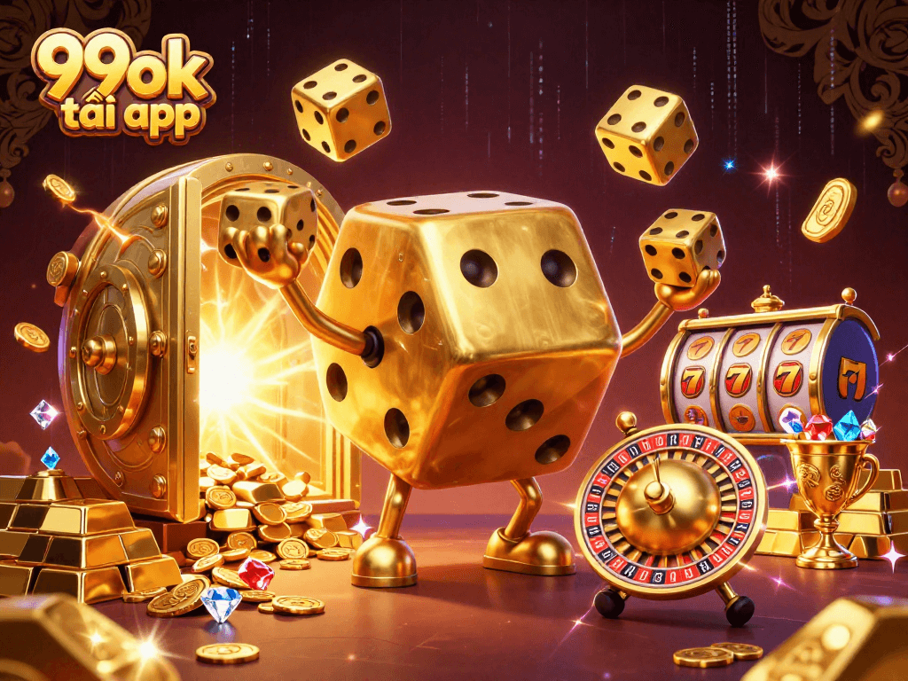 Win exciting bonuses with 99ok tải app featuring a golden dice golem and vibrant casino elements.