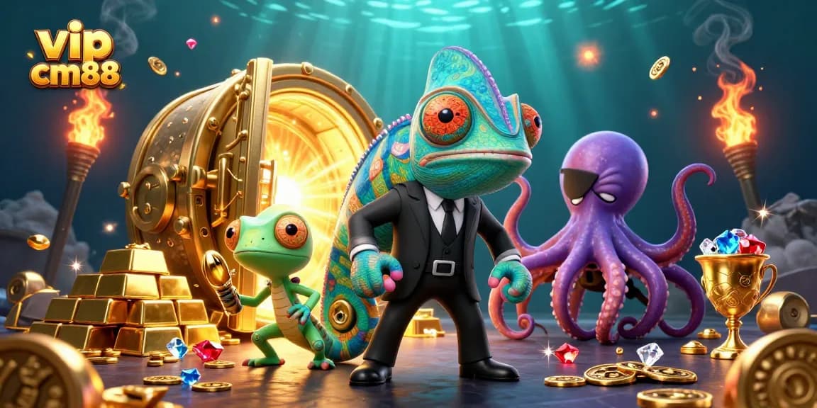 Win big with vip cm88 at this vibrant casino scene featuring dynamic characters and treasures.