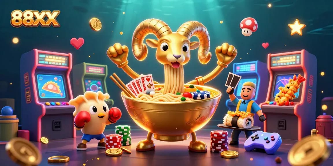 Participate in exciting games at 88XX with vibrant characters and casino elements in this dynamic illustration.