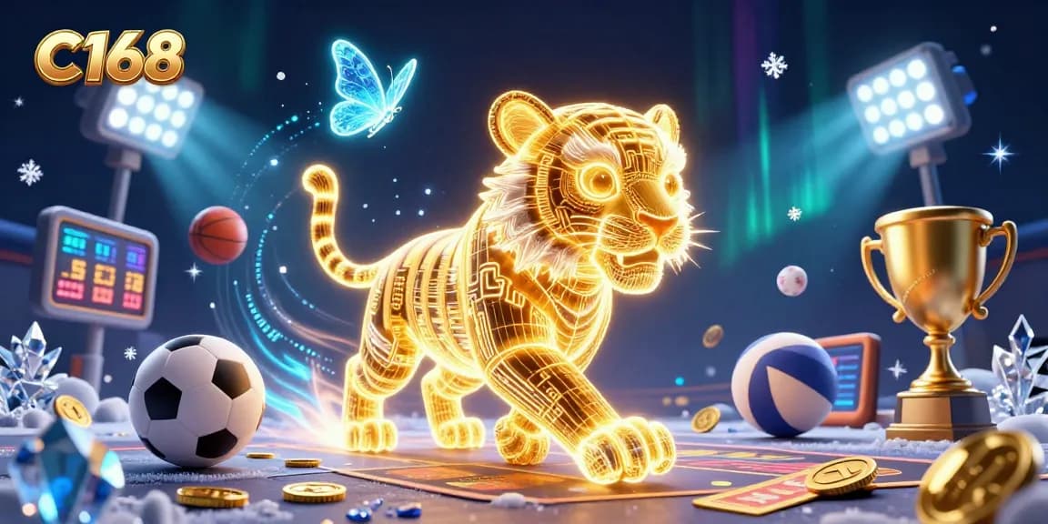 C168 introduces an energetic digital casino scene with a glowing tiger and sports elements, enhancing interactive gaming.