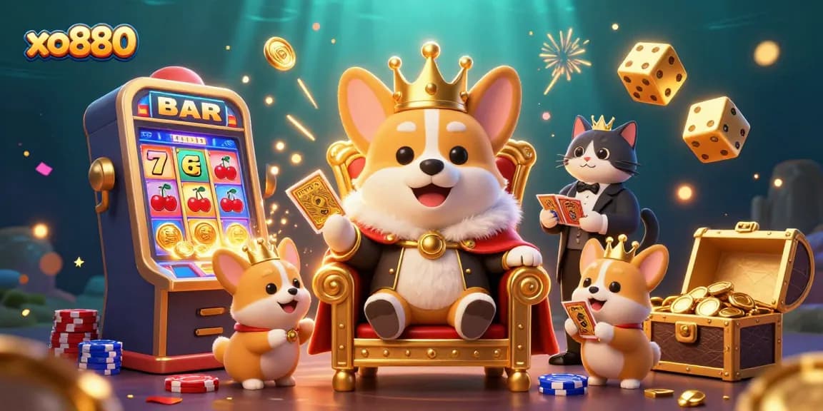 Experience thrilling slots with xo880 alongside a royal corgi and treasures in this vibrant illustration.