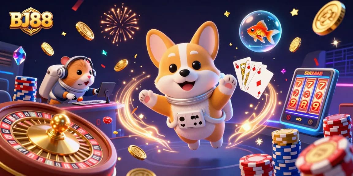 Experience casino excitement with BJ88's immersive gaming as illustrated by an astronaut corgi in space.