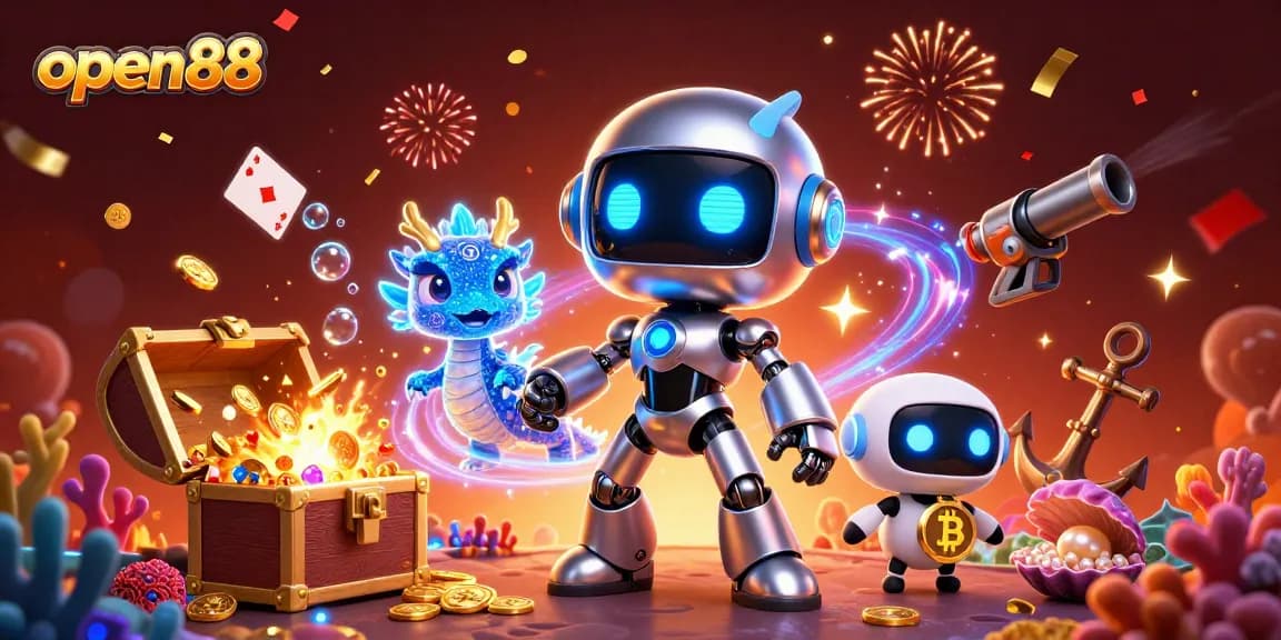 open88 brings excitement to players with a vibrant scene of a cyberpunk robot mascot and bitcoin