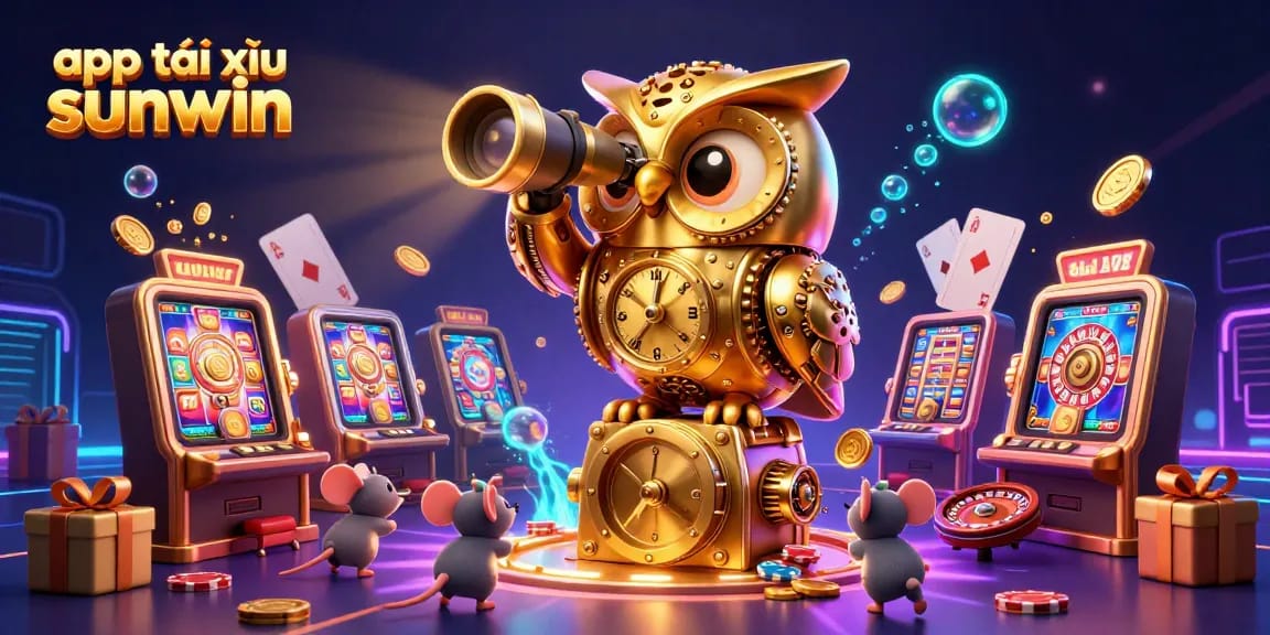 Engage in exciting gameplay with app tài xỉu sunwin, showcased by a whimsical golden owl and vibrant slot machines.
