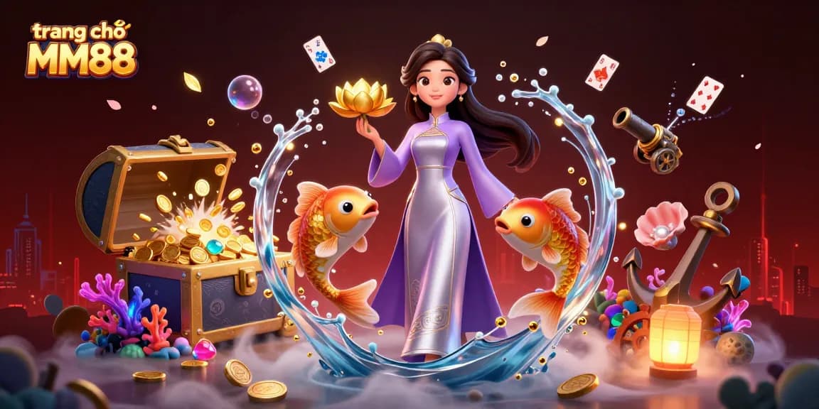 Experience excitement at trang chủ MM88 with this vibrant casino scene featuring a graceful player and gold koi