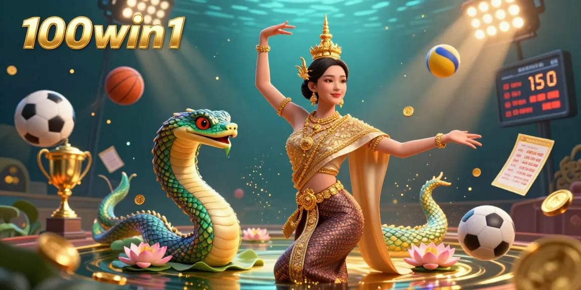 Experience exhilarating gaming with 100win1 in a vibrant 3D casino scene featuring dynamic sports elements.