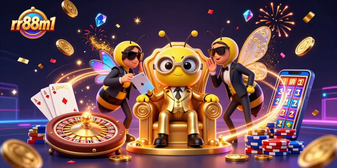 Experience the excitement of rr88m1 with a vibrant casino illustration featuring a bumblebee mob boss and gaming elements.