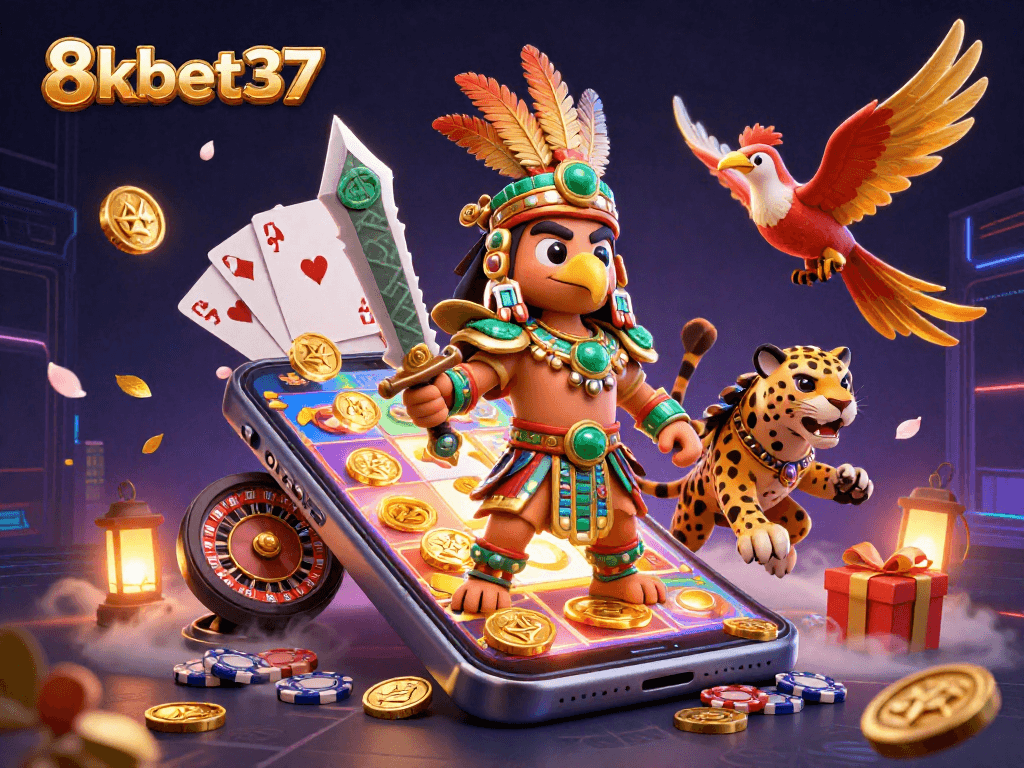 Engage with 8kbet37 through vibrant slots and dynamic game elements in a 3D casino scene.