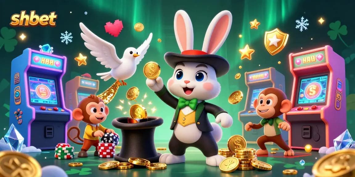 Experience shbet's magical wins with a cartoon rabbit pulling coins and vibrant casino elements.